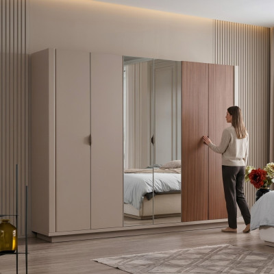 Beiger Kleiderschrank Schlafzimmer Schränke Glastüren 6-türiger Schrank