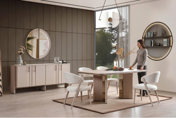 Kompletná béžová jedálenská súprava jedálenský stôl stoličky komoda zrkadlo
