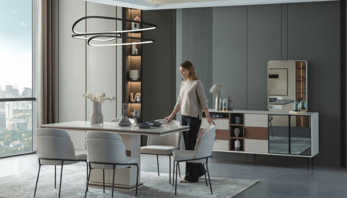Weiße Essgruppe Rechteckiger Esstisch 4x Stühle Sideboard Luxus Spiegel
