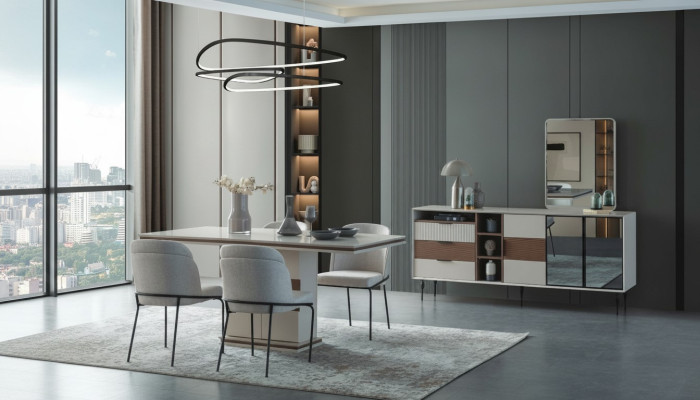 Weiße Essgruppe Rechteckiger Esstisch 4x Stühle Sideboard Luxus Spiegel