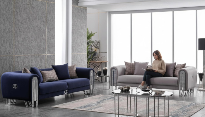 Samt Couch Silber Luxus Sofagarnitur 3+3 Sitzer Couchen Sofa 2tlg.