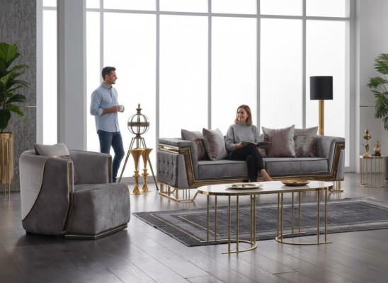 Grau Sofagarnitur 3+1 Sitzer mit Edelstahl Couch Sofa Polster Set 2tlg