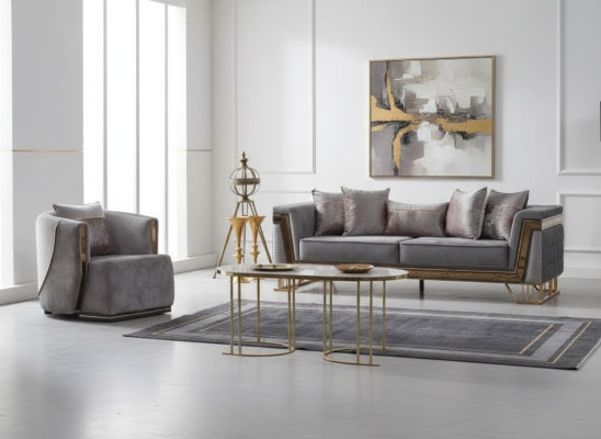 Grau Sofagarnitur 3+1 Sitzer mit Edelstahl Couch Sofa Polster Set 2tlg