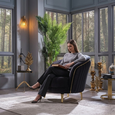 Moderner Sessel Luxus Edelstahlfüße Wohnzimmer Sitzer Holz Polstermöbel