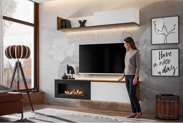Wohnzimmer TV Ständer mit Kamin Wohnwand Wandregal Holz Möbel Neu