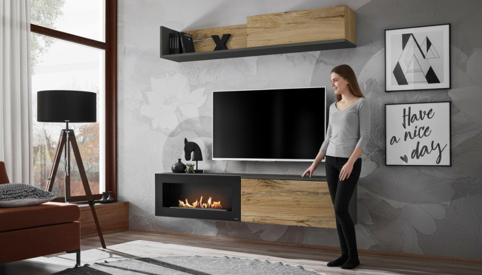 Wohnwand tv Möbel Wohnzimmer Regal TV Ständer mit KaminModern Holz Braun