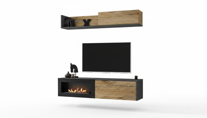 Wohnwand tv Möbel Wohnzimmer Regal TV Ständer mit KaminModern Holz Braun