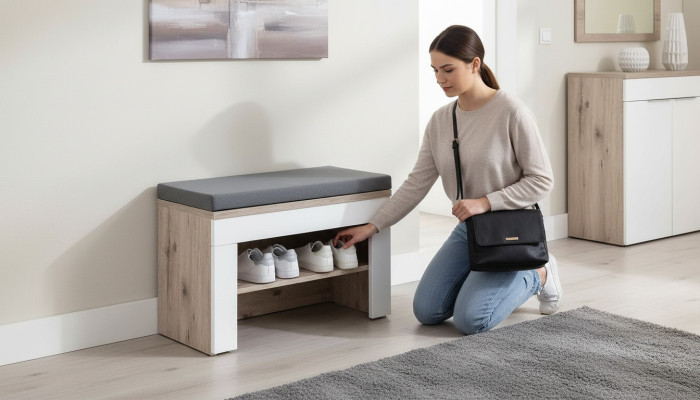 Šedá skriňa na topánky s poduškou Moderný dizajn Nový nábytok Drevená skriňa na topánky
