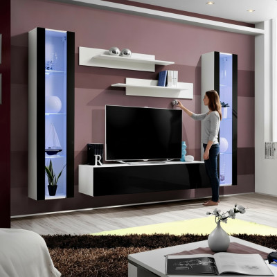 Luxusná obývacia izba komplet 5 kusov moderná nástenná vitrína čierna TV stojan