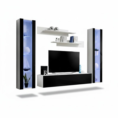Luxusná obývacia izba komplet 5 kusov moderná nástenná vitrína čierna TV stojan