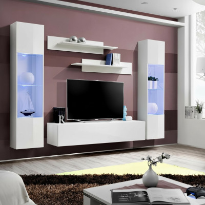 Moderná drevená TV jednotka s visiaci vitrínou