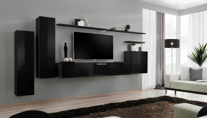Komplette Set 7tlg Schwarz Wohnwand TV Ständer Wohnzimmer Designer Wandschrank
