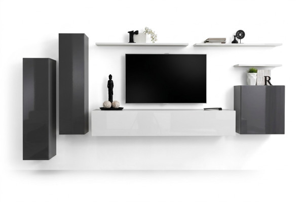 Wohnwand Grau Möbel Wohnzimmer Designer Luxus TV Ständer Holz Wandregal Komplett
