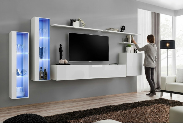 Weiß Komplett Wohnwand TV-Ständer Design Wohnzimmer Luxus Schrank Wandschrank