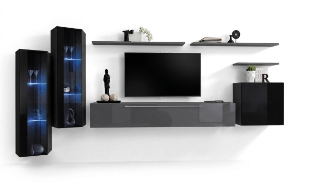 Wohnzimmer Holz Komplett Grau TV-Ständer Design 3x Wandschrank Luxus Wohnwand