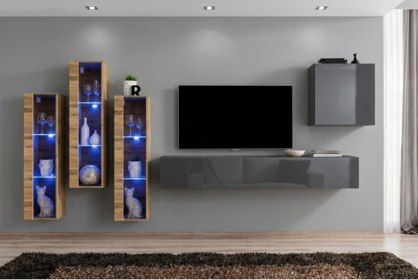 Luxus Wohnwand Grau Hochglanz TV Ständer Designer Sideboard Wohnzimmer Set