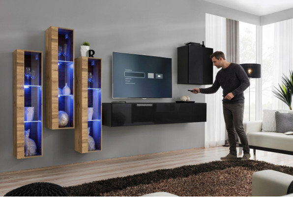 Wohnwand Möbel Wohnzimmer Luxus Hochglanz TV Ständer Schwarz Holz Komplett Neu