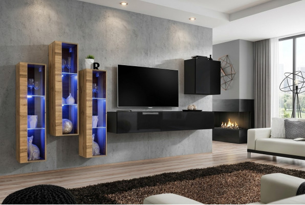 Wohnwand Möbel Wohnzimmer Luxus Hochglanz TV Ständer Schwarz Holz Komplett Neu
