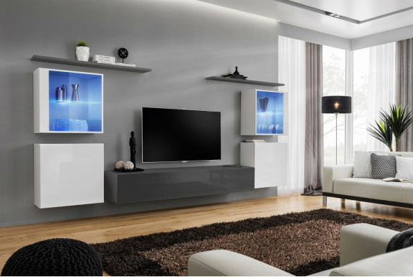 Set 7tlg. Wohnwand Luxus Sideboard TV Ständer Lowboard Wand Regale Wandschrank