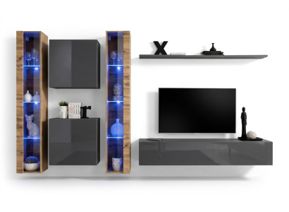 Luxus Komplett Set 6tlg Wohnwand Grau TV-Ständer Wandschrank Sideboard Modern