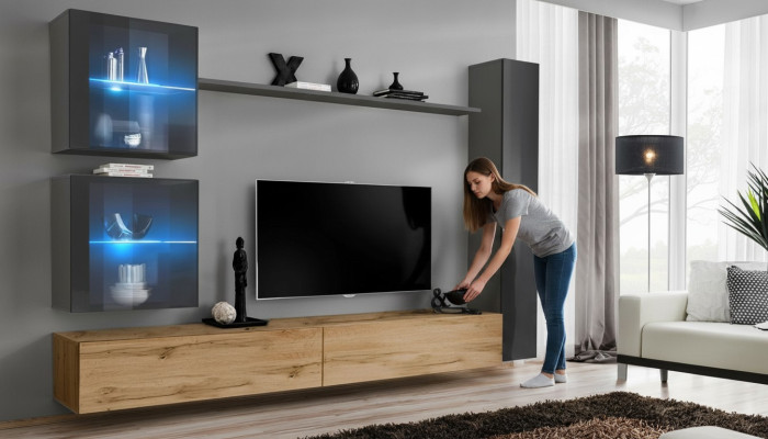 Moderná sivá obývacia stena s nábytkom na televízor