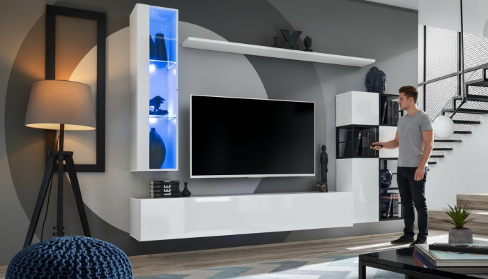 Hänge Vitrine Weiß Wohnwand Designer TV Ständer Komplett 9tlg Holzmöbel Regale