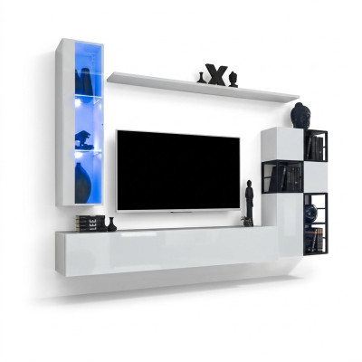Hänge Vitrine Weiß Wohnwand Designer TV Ständer Komplett 9tlg Holzmöbel Regale