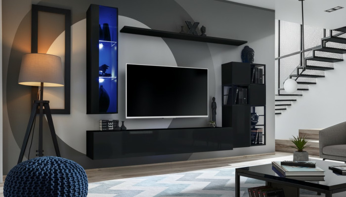 Garnitur Wohnzimmer Wohnwand 250 cm Schwarz Einrichtung Holzmöbel Wandschrank