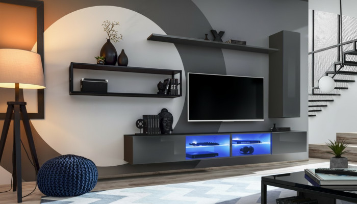 Grau Komplett Wohnwand Wohnzimmermöbel Luxus Wandschrank Wand Regale Neu
