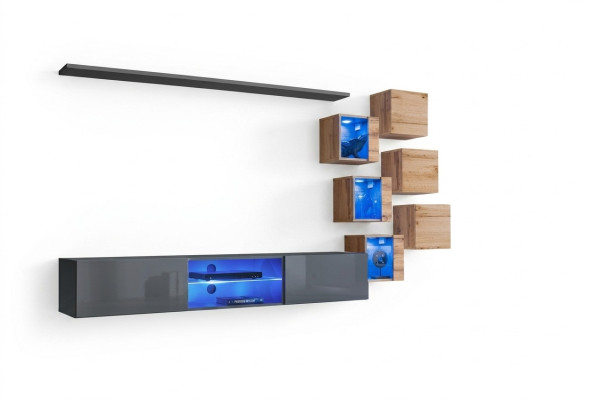 Set 8tlg Designer Wohnwand Grau Einrichtung Holzmöbel Wandschrank Neu