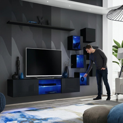 Schwarz Komplett Set Wohnwand Luxus Holzmöbel Designer Modern Wandschrank