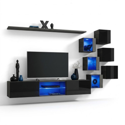 Schwarz Komplett Set Wohnwand Luxus Holzmöbel Designer Modern Wandschrank