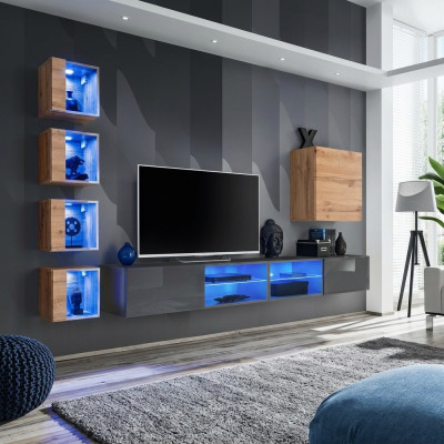 Wohnzimmer Wohnwand Grau Modern Möbel TV-Ständer Wandschrank Regale