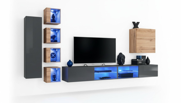 Wohnzimmer Wohnwand Grau Modern Möbel TV-Ständer Wandschrank Regale