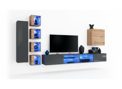 Wohnzimmer Wohnwand Grau Modern Möbel TV-Ständer Wandschrank Regale