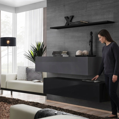 Wohnwand Wohnzimmer Schrankwand Modern Schwarz Holz Schrank Wand Regal
