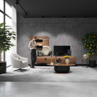 Wohnwand Komplett Set Wohnzimmer Garnitur Braun Möbel Wandregal Neu