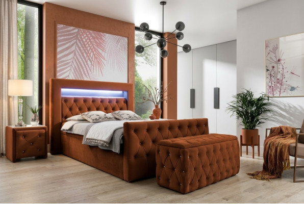 Chesterfield Schlafzimmer Set Textilbett 2x Holz Nachttische Hocker