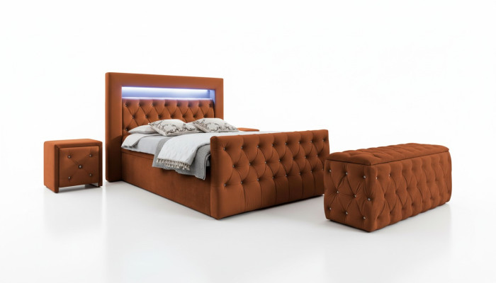 Chesterfield Schlafzimmer Set Textilbett 2x Holz Nachttische Hocker