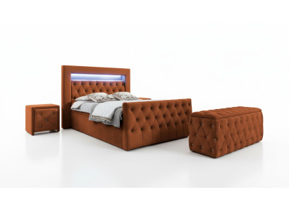 Chesterfield Schlafzimmer Set Textilbett 2x Holz Nachttische Hocker