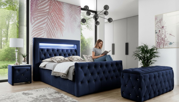 Dunkelblaue Chesterfield Schlafzimmer Möbel LED-Doppelbett Nachtkonsolen