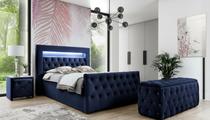 Dunkelblaue Chesterfield Schlafzimmer Möbel LED-Doppelbett Nachtkonsolen