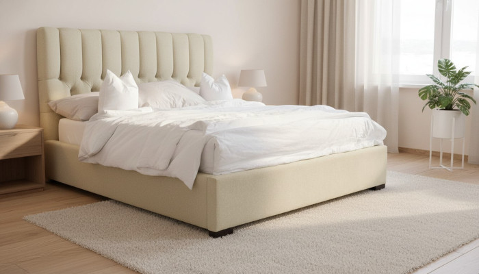 Bett Beige Doppelbett Holz Modern Betten Luxus Stoff Bett Schlafzimmer