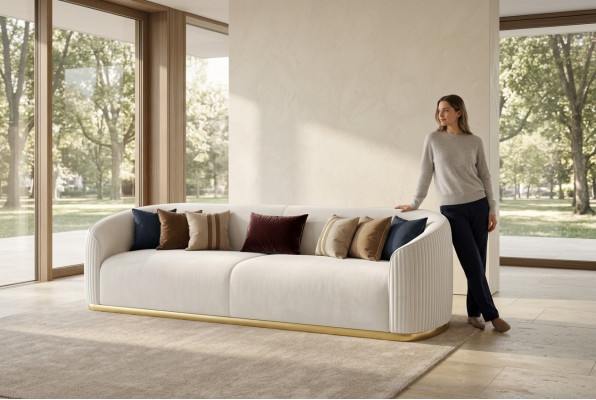 Naplněný 3-místný pohovka v moderním stylu s luxusní bílou tkaninou