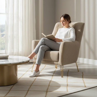 Design Sitzer Luxus Beige Sessel Relax Holz mit Edelstahl Sessel neu