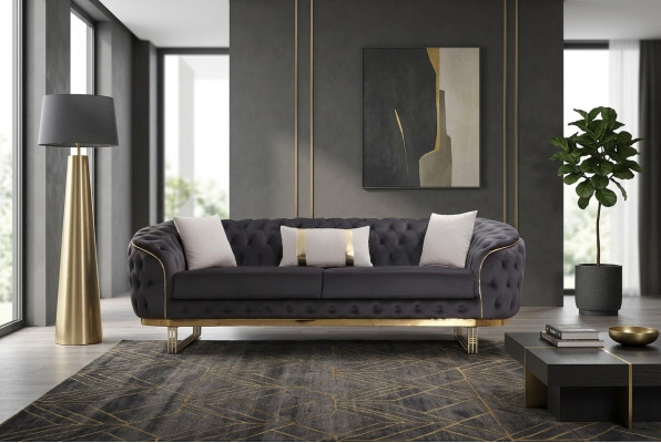 Designer Sofa 3 Sitzer textil Couch Polster Sofas Design Braun Chesterfield