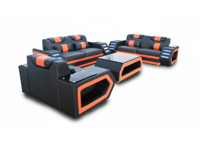 Designer Sofagarnitur Sofa Polster Set 3+2+1 Ledersofa Beleuchtet Leder