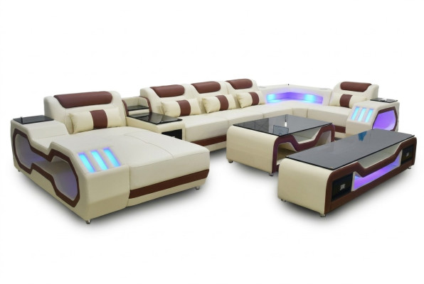 Wohnzimmer set Ecksofa U-Form beige Couchtisch TV Ständer Polster Beleuchtet