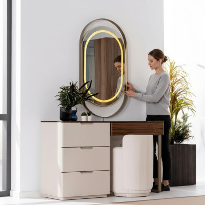Beiger Schminktisch Spiegel Schlafzimmer Kosmetiktisch Luxus 2tlg Set