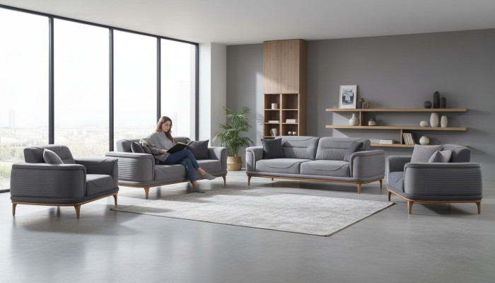 Luxuriöse Graue 4tlg Polstergarnitur: Dreisitzer-Sofa für Wohnyimmer